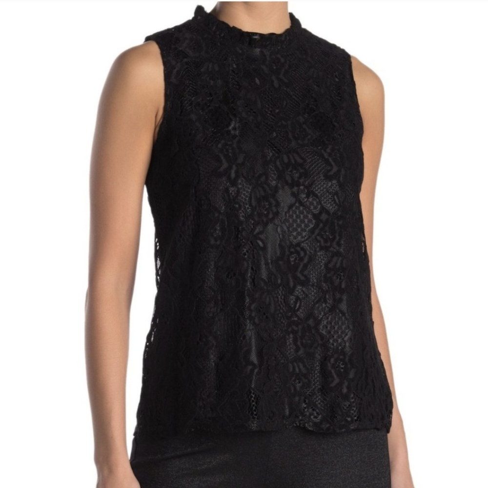 Nanette Lepore Blouse Floral Lace Ruffle Neck Sleeveless Zip Back Lined Black L